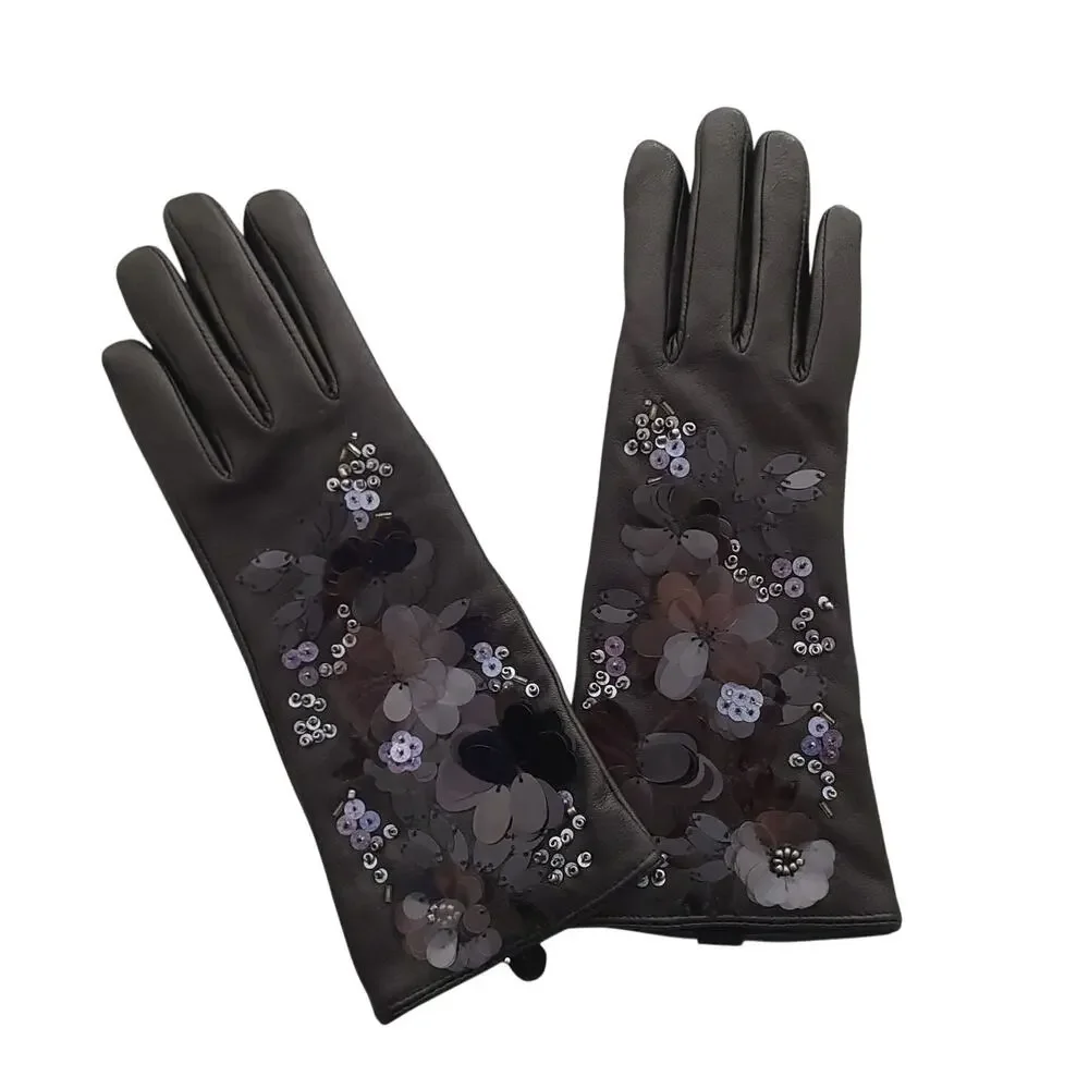 Womens Sheepskin Leather Gloves Cashmere Beaded Sequin Floral Embellished RARE